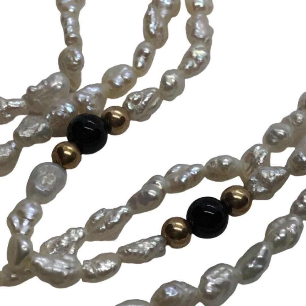 Stunning Vintage 16" Triple Strand Rice Pearl, Black Onyx & 14K Gold Necklace - Picture 5 of 10